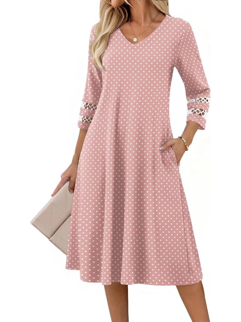 Women's Casual 3/4 Sleeve V-Neck A-Line Eyelet Midi Dress
